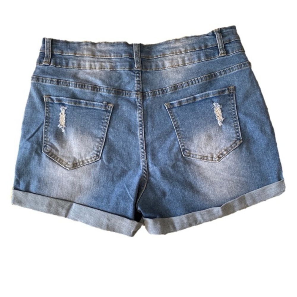 High-Waisted Denim Shorts Blue Double Button Distressed NWT - Picture 8 of 8